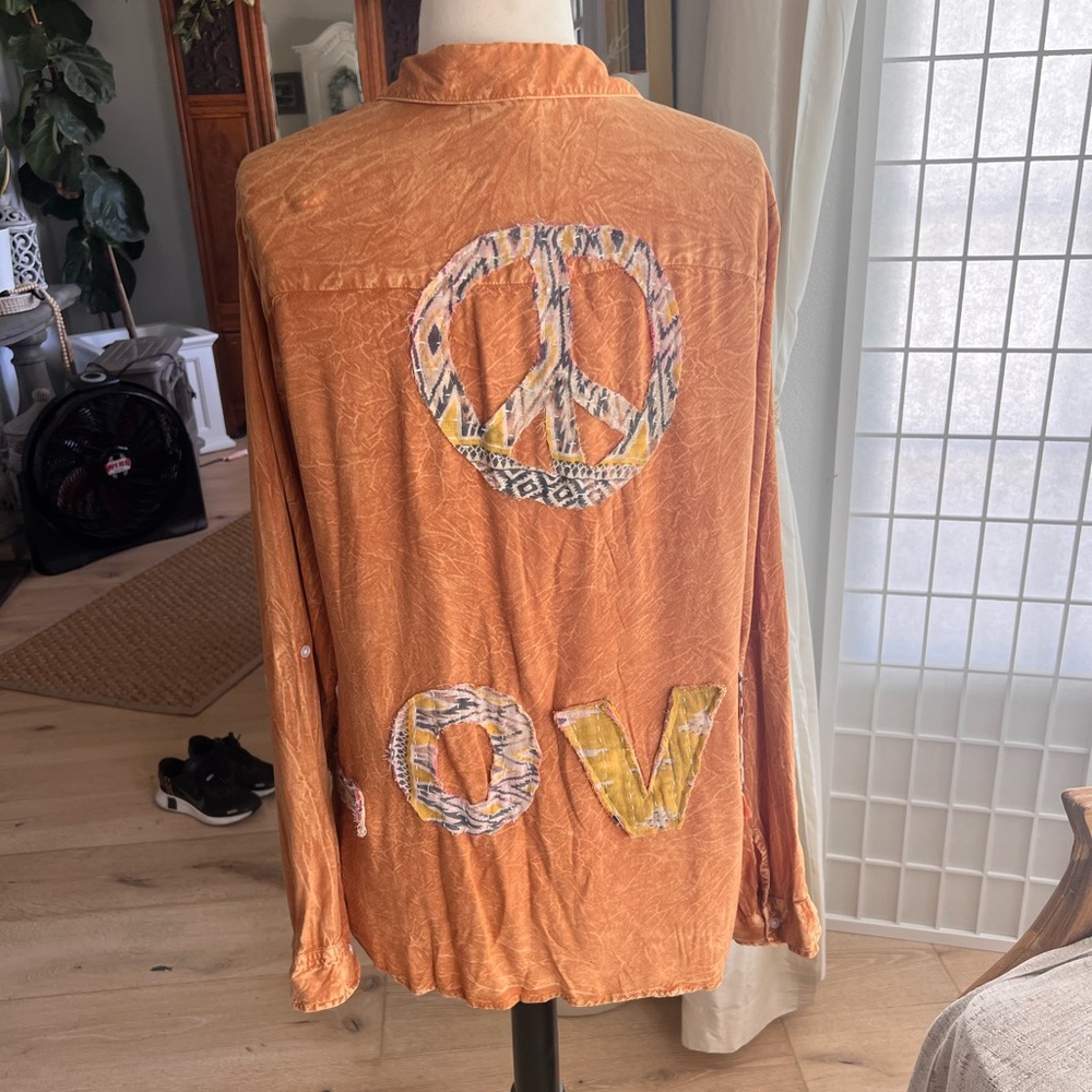 Peace and Love orange button down